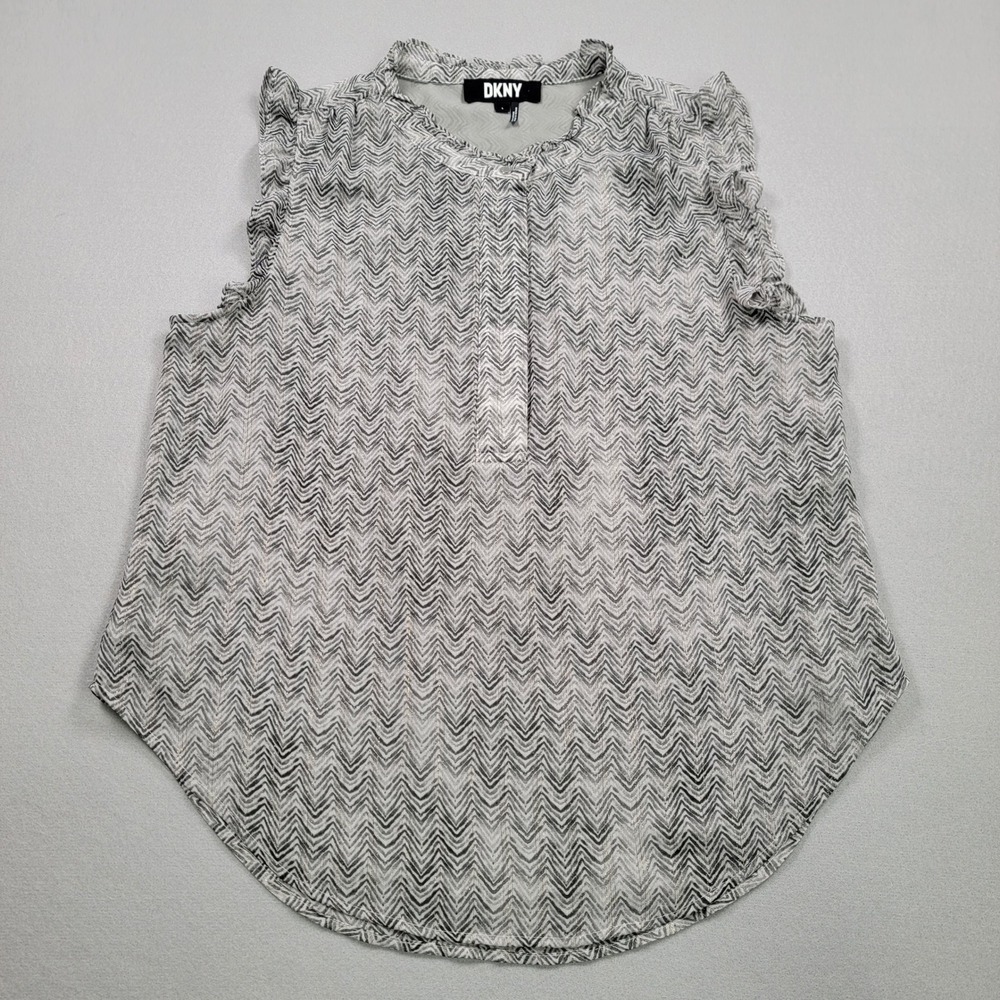 Women's DKNY Chevron Ruffle Sleeveless Blouse, Metallic Gray, Large, Pre-Owned‎
